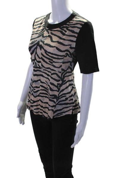 Rebecca Taylor Womens Linen Short Sleeve Animal Print Blouse Black Size S