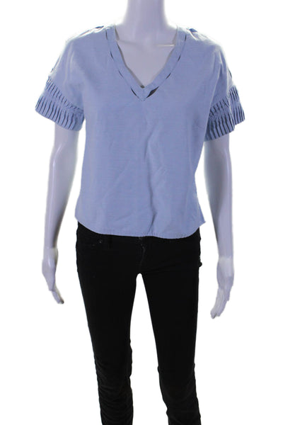 Jonathan Simkhai Womens Short Sleeve V Neck Boxy Cropped Shirt Blue Size XS