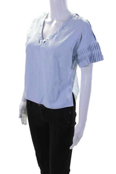 Jonathan Simkhai Womens Short Sleeve V Neck Boxy Cropped Shirt Blue Size XS