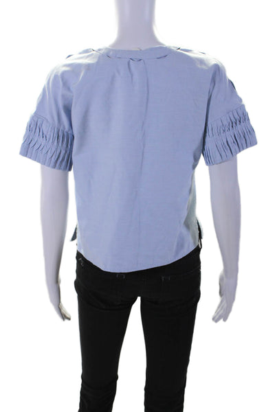 Jonathan Simkhai Womens Short Sleeve V Neck Boxy Cropped Shirt Blue Size XS