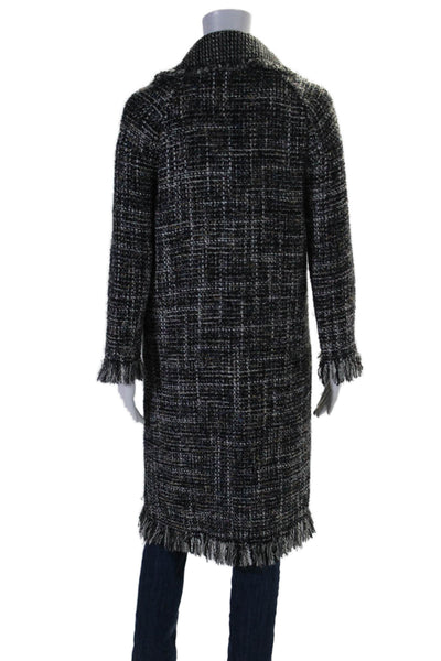 Zara Womens Single Button Collared Knit Fringe Long Coat Black Multi Size XS