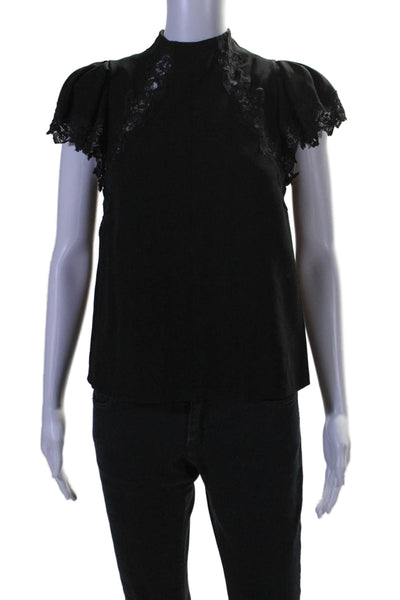 Rebecca Taylor Womens Back Zip Short Sleeve Crew Neck Lace Trim Top Black Size 2