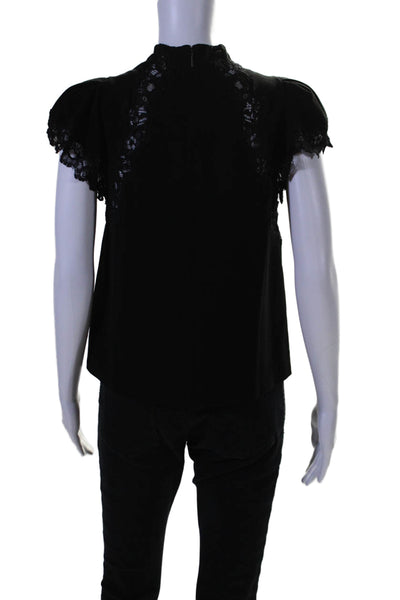 Rebecca Taylor Womens Back Zip Short Sleeve Crew Neck Lace Trim Top Black Size 2