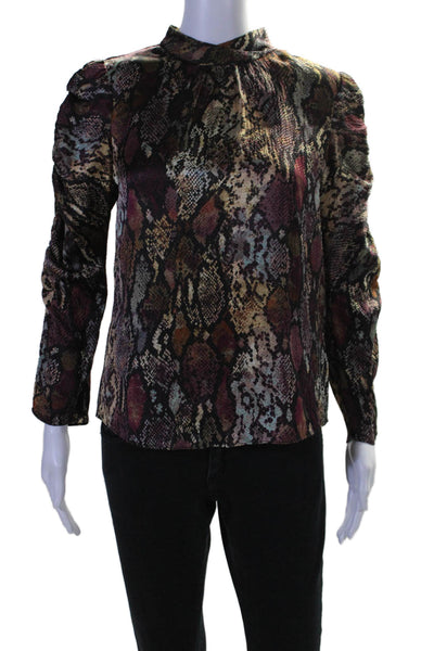 Rebecca Taylor Womens Crew Neck Snakeskin Print Silk Top Brown Red Black Size 2