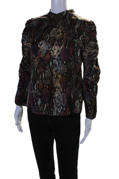 Rebecca Taylor Womens Crew Neck Snakeskin Print Silk Top Brown Red Black Size 2