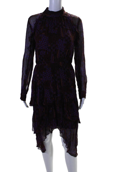 Ba&Sh Womens Long Sleeve Crew Neck Abstract Tiered Dress Purple Multi Size 6