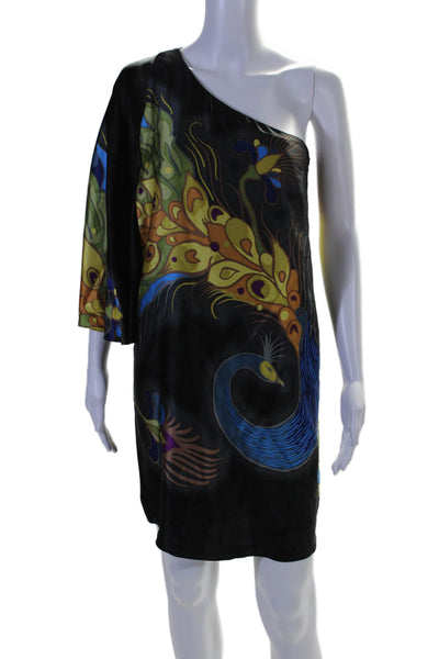 Tibi Womens Side Zip One Shoulder Silk Peacock Dress Black Multi Size 0