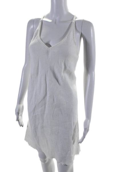 ATM Womens Linen Fringe Trim V-Neck Sleeveless Pullover Dress White Size S