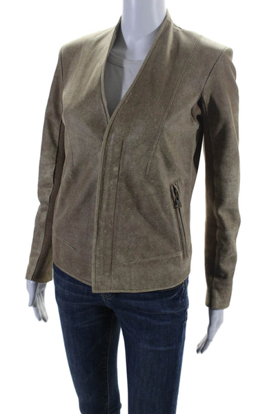 Veda Womens Leather Two Pocket V-Neck Long Sleeve Open Front Jacket Beige Size M