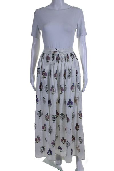 Roller Rabbit Women Cotton Floral Print Lined Drawstring Maxi Skirt White Size M