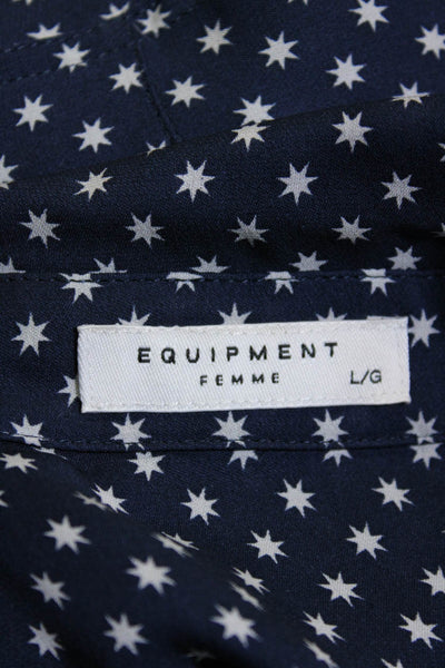 Equipment Femme Womens Silk Star Print Long Sleeve Button Down Top Blue Size L