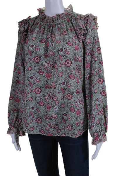 La Vie Womens Crepe Floral Print Mock Neck Long Sleeve Blouse Mint Green Size L