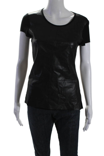 Bailey 44 Womens Leather Texture Fitted Round Neck Short Sleeve Top Black Size M