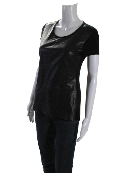 Bailey 44 Womens Leather Texture Fitted Round Neck Short Sleeve Top Black Size M