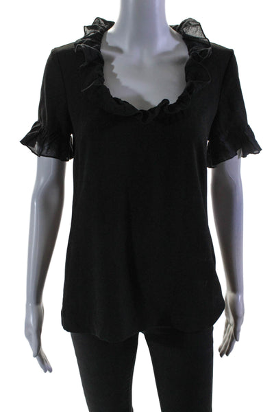 Trina Turk Womens Short Sleeve Ruffled Scoop Neck Shirt Black Size Small