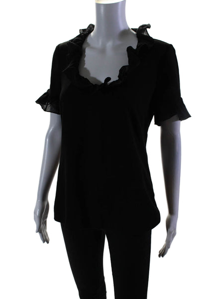 Trina Turk Womens Short Sleeve Ruffled Scoop Neck Shirt Black Size Small