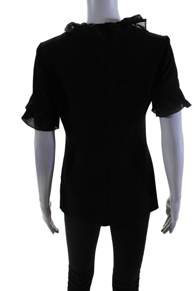 Trina Turk Womens Short Sleeve Ruffled Scoop Neck Shirt Black Size Small