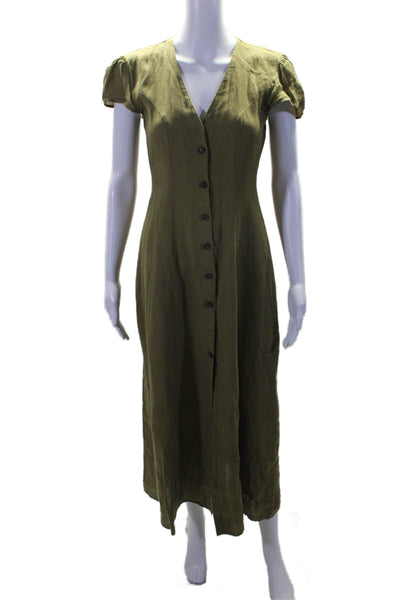 Zara Womens Button Front Short Sleeve Long Shirt Dress Green Linen Size XS