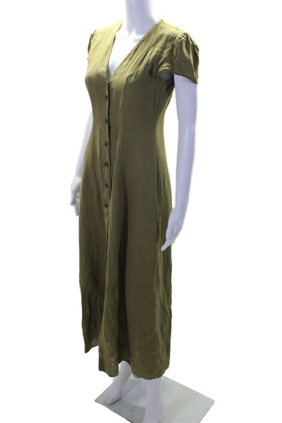 Zara Womens Button Front Short Sleeve Long Shirt Dress Green Linen Size XS