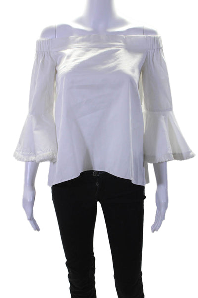 N Nicholas Womens 3/4 Fringe Sleeve Off Shoulder Blouse Top White Cotton Size 4