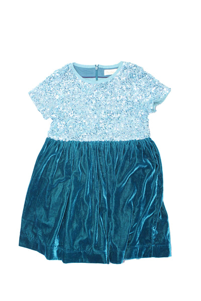 Mini Boden Childrens Girls Velvet Sequined Short Sleeves Dress Blue Size 5-6