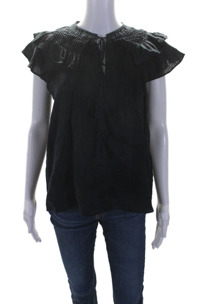 Elie Tahari Womens Linen Ruffled Key Hole Neck Blouse Navy Blue Size Small