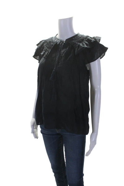 Elie Tahari Womens Linen Ruffled Key Hole Neck Blouse Navy Blue Size Small