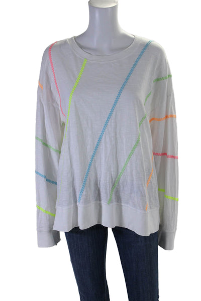 Lisa Todd Womens Long Sleeve Neon Striped Scoop Neck Tee Shirt White Size XL