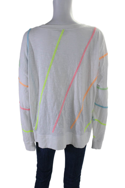 Lisa Todd Womens Long Sleeve Neon Striped Scoop Neck Tee Shirt White Size XL