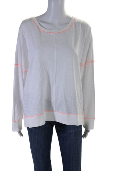 Leallo Womens Long Sleeve Scoop Neck Neon Stitched Tee Shirt White Size XL