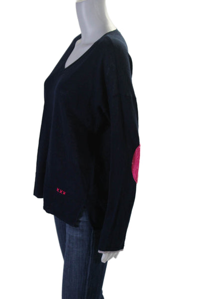 Lisa Todd Womens Long Sleeve V Neck Linen Sweater Navy Pink Size Medium