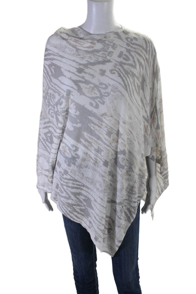 Kinross Womens Boat Neck Open Knit Ikat Poncho Sweater White Gray One Size