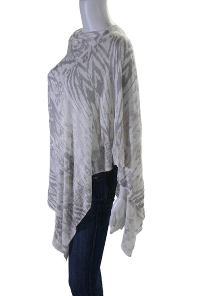 Kinross Womens Boat Neck Open Knit Ikat Poncho Sweater White Gray One Size