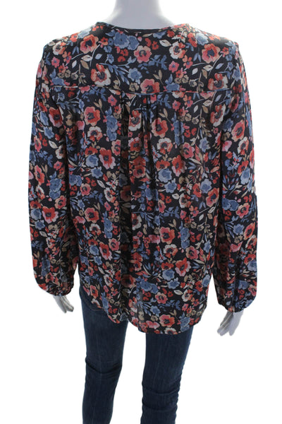 Joie Womens Silk Floral Print Long Sleeve Tassel Tie V-Neck Blouse Blue Size S