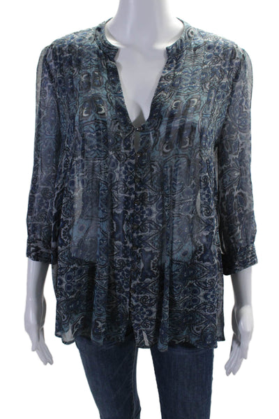 Joie Womens Silk Georgette Paisley Print V-Neck Button Down Blouse Blue Size S