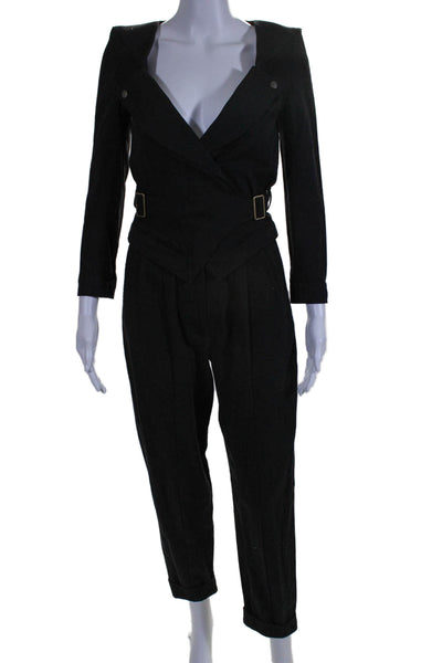 Noam Womens Texture V-neck Belted Lined Cuff Bottom Jumpsuit Black Size XS