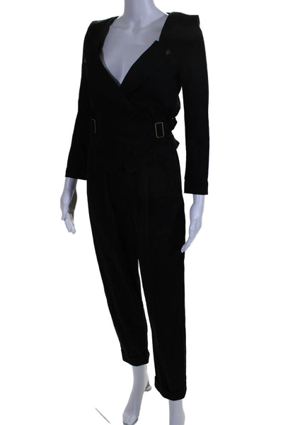 Noam Womens Texture V-neck Belted Lined Cuff Bottom Jumpsuit Black Size XS