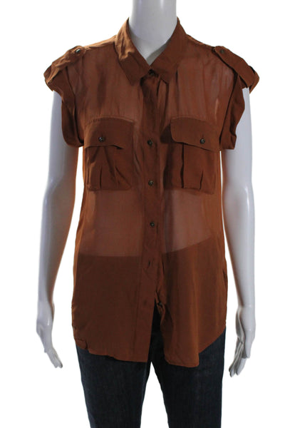 Broadway & Broome Women's Silk Patch Pockets Button Down Up Shirt Brown Size S