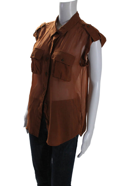 Broadway & Broome Women's Silk Patch Pockets Button Down Up Shirt Brown Size S
