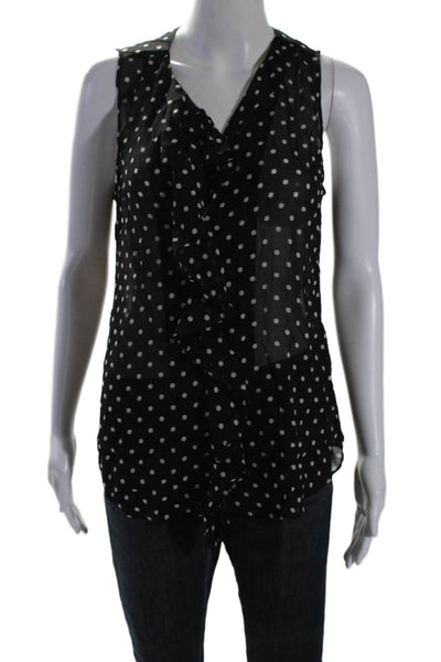 Theory Women's V-Neck Sleeveless Ruffle Polka Dot Silk Blouse Black Size S