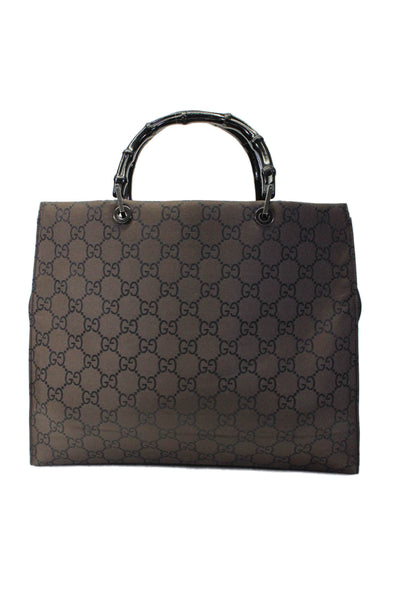 Gucci Womens Double Bamboo Handle GG Canvas Tote Handbag Brown Black