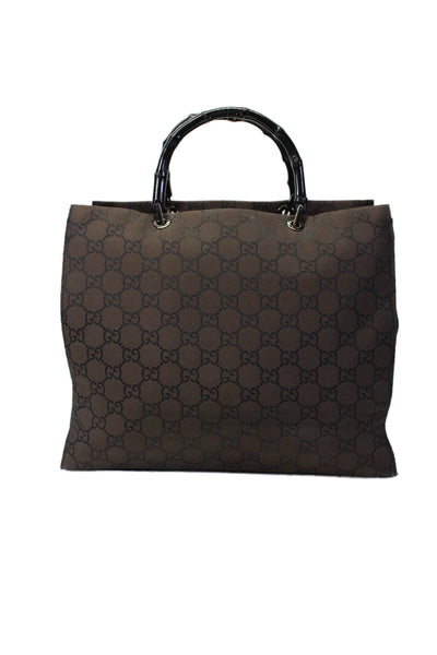 Gucci Womens Double Bamboo Handle GG Canvas Tote Handbag Brown Black