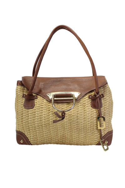 Dolce & Gabbana Womens Brown D Ring Leather and Raffia Shoulder Bag Handbag