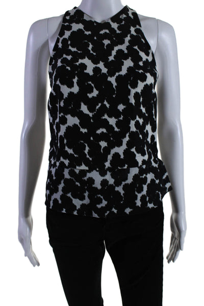 ALC Women's Round Neck Sleeveless Full Zip Spotted Silk Blouse Black Size 0