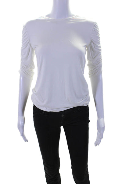 Elie Tahari Womens Round Neck Half Sleeve Ruched Casual Top White Size XS