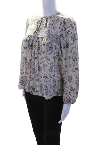 Rebecca Taylor Womens Silk Floral Long Sleeve V-neck Tie Front Blouse White Size