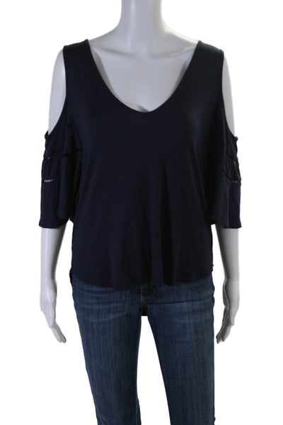 Ella Moss Womens Short Sleeve Cold Shoulder V Neck Blouse Navy Blue Size Medium