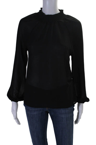 Farrow Womens Long Sleeve Smocked Trim Mock Neck Sheer Top Black Size Small