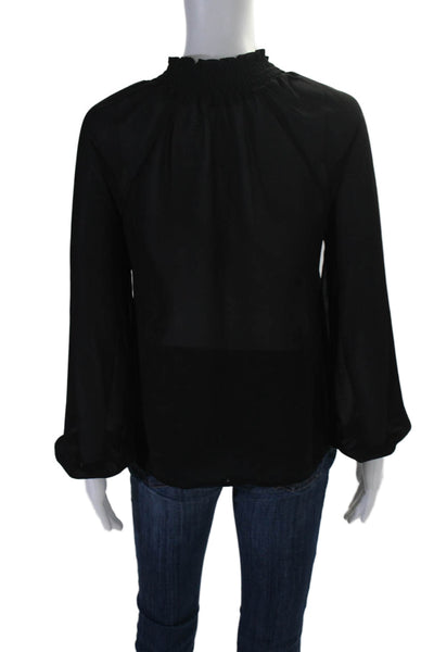 Farrow Womens Long Sleeve Smocked Trim Mock Neck Sheer Top Black Size Small