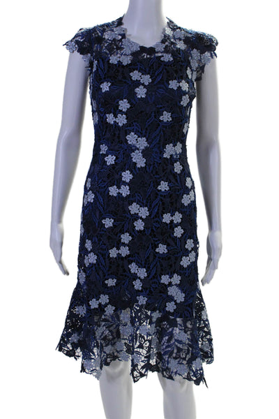 Elie Tahari Women's Round Neck Sleeveless Fitted Lace Mini Dress Blue Size 0